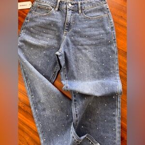 EXPRESS blue denim wide leg jeans with rhinestones on front.  SIZE 4.